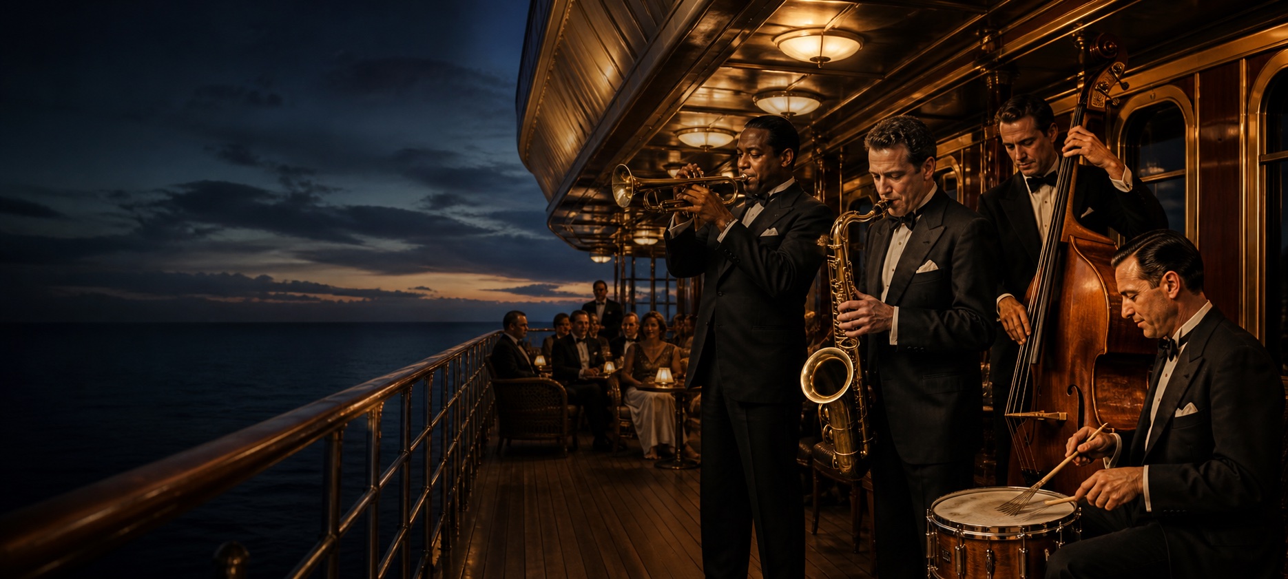 Jazz musicians entertaining passengers aboard a grand ocean liner